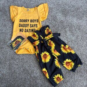 Infant Black Sunflower Bodysuit/Belted High Waist Pant Set w/Headband 12-18mos.